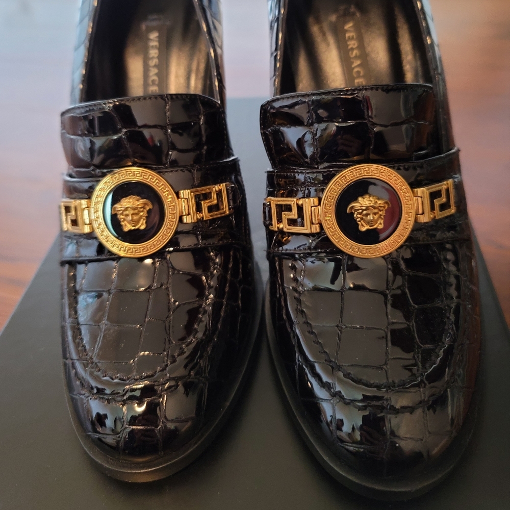 Versace Patent Mock Croc Loafer Heels - black